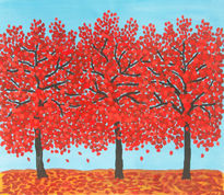 Red trees on blue sky