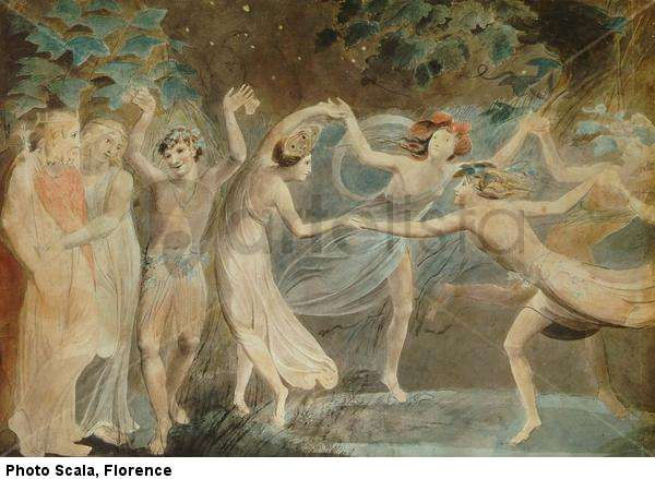 Oberón, Titania y Puck con hadas danzantes