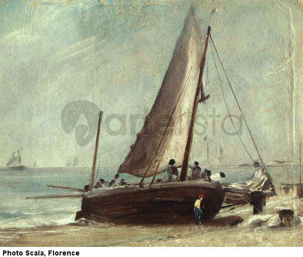 Playa de Brighton con barco de pesca y tripulación