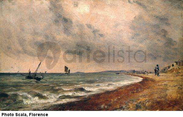 Beach with Rough Sea and Fishing Boats