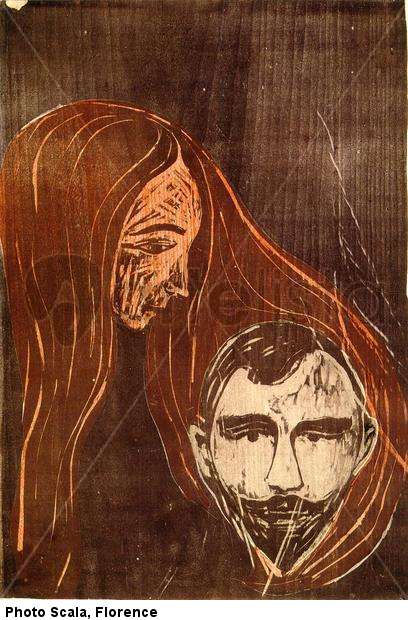 Cabeza de hombre en cabello de mujer