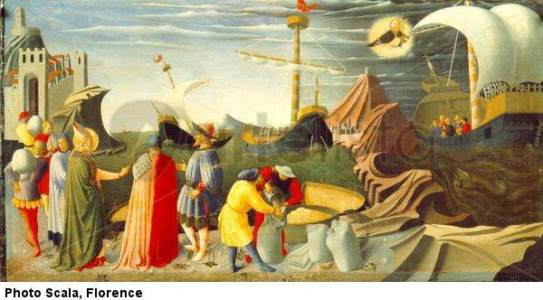 Tríptico de Perugia: San Nicolás se encuentra con el mensajero del emperador y salva un barco de vela