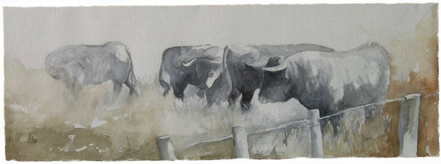 TOROS DE AGUA III Acuarela Papel Animales