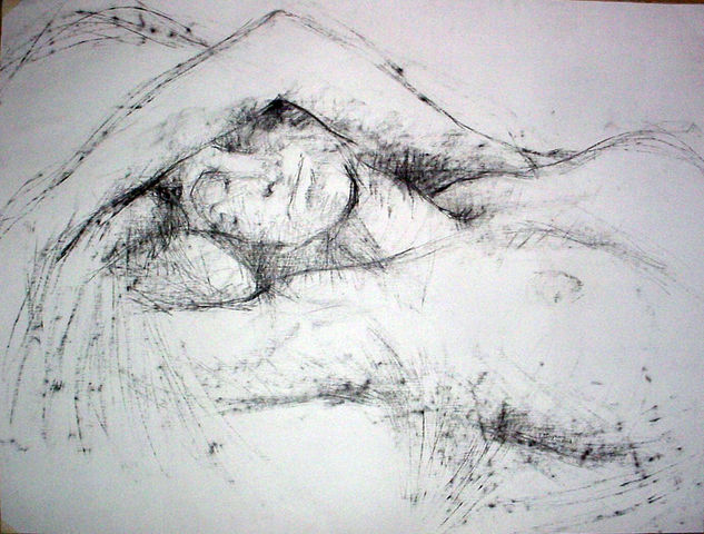 352-desnudo m. ,brazo sobre la frente, lineal B.N. Charcoal