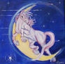 Unicornio en color pastel saltando sobre la luna amarilla