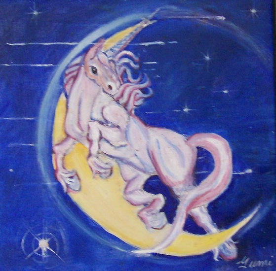 Unicornio en color pastel saltando sobre la luna amarilla Óleo Tabla Animales