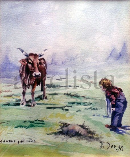 La vaca y el Niño/The Cow and the Boy Watercolour Paper Figure Painting