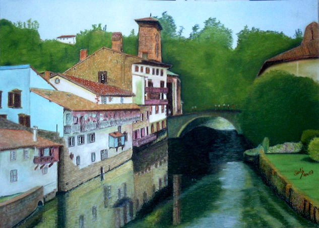 Pueblo francés Pastel Papel Paisaje