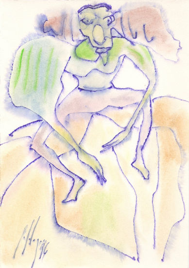 Personaje sentado mirando al frente, (Seated figure facing forward) Watercolour Card Figure Painting