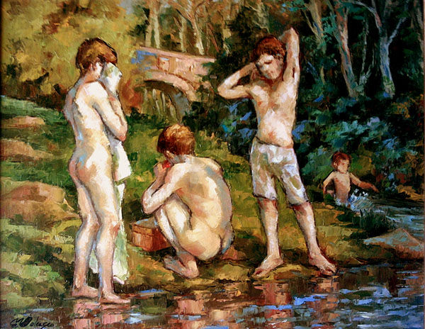 Bañistas Oil Card Figure Painting