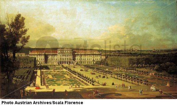 Vista del palacio de Schönbrunn y el jardín. Pintura. Alrededor de 1760