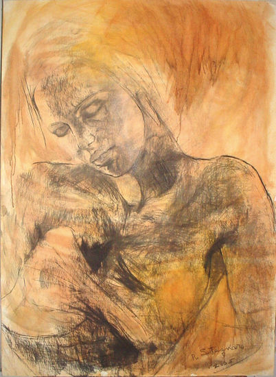 409-mujer, paños, rayas de rosa Mixed Media