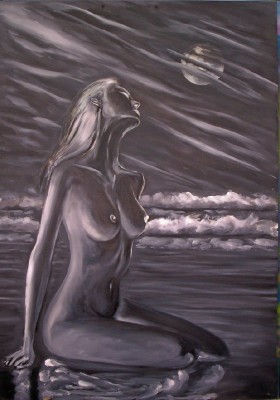 La Luna y la Desnuda sirena nocturna Oil Panel Nude Paintings