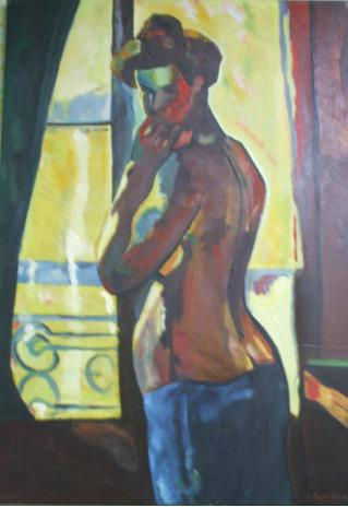 Mujer Frente a la Ventana Oil Textile Portrait