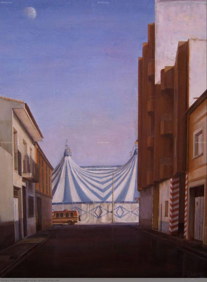 el circo y la luna Óleo Tabla Paisaje