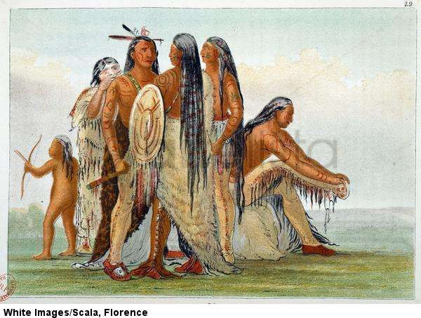 Indians of America. The Mandans: Chief San Ja Ka Ko Kah (San-Ja-Ka-Ko-Kah) surrounded by his family. George Catlin (1794-1872), 19th cent.