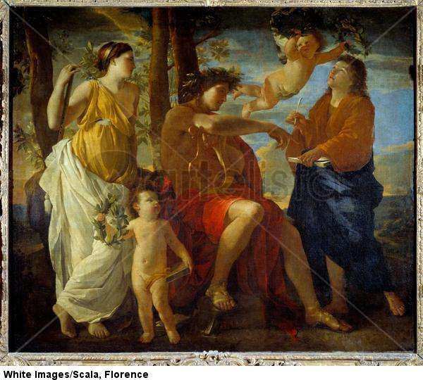 The inspiration of the poet A poet, a lyre in hand and wearing a crown of laurels, is surrounded by Muses and putti. 17th century