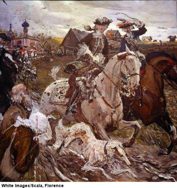 Princess Elisabeth Petrovna (1709-1762, future Elisabeth I of Russia) and Peter II (1715-1730) hunting (1900)