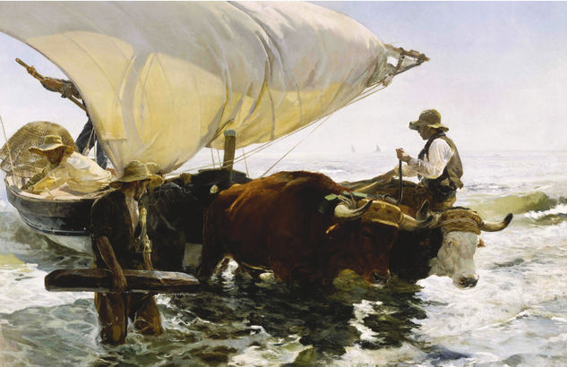 Return from fishing, towing the boat. 19th century Figure Painting