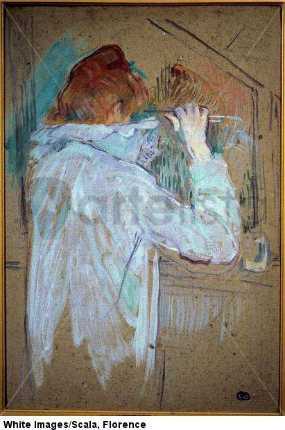 Woman curling her hair. 1891