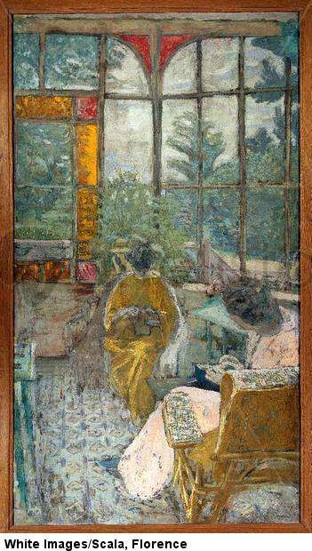 Dos mujeres bordando bajo una veranda. Lucie Hessel y la actriz Marthe Mellot. 1912