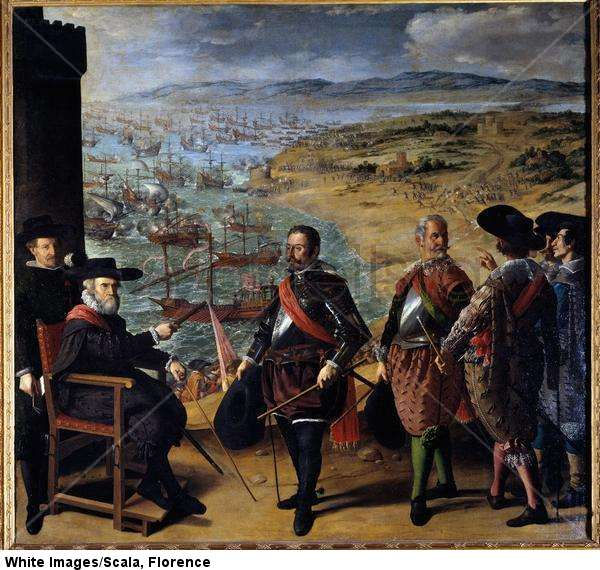 The defense of Cadiz against the English. The English troops seized the Tower of Cadiz on November 1, 1625, with the aim of intercepting the gold and silver coming from America. The seated figure is Fernando Giron, governor of the city, pious.