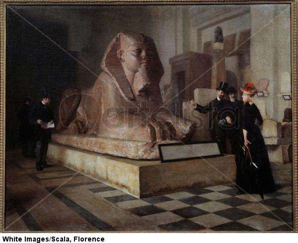 Sala Egipcia del Louvre Visitantes frente a la Gran Esfinge. 1930.