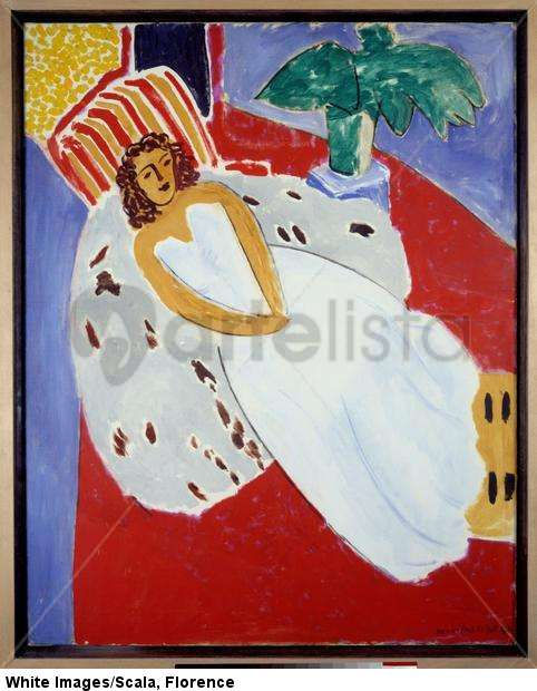 Young girl in white, red background, 1946
