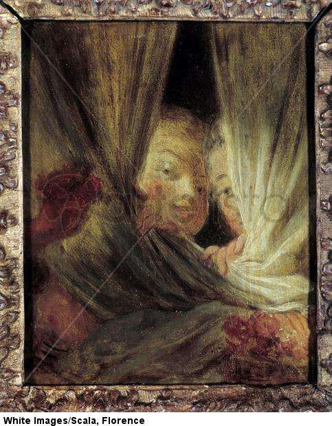 Las curiosas. Dos niñas espiando detrás de las cortinas, siglo XVIII.