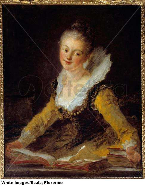 El estudio. Una mujer en su escritorio hojea libros para educarse, siglo XVIII.