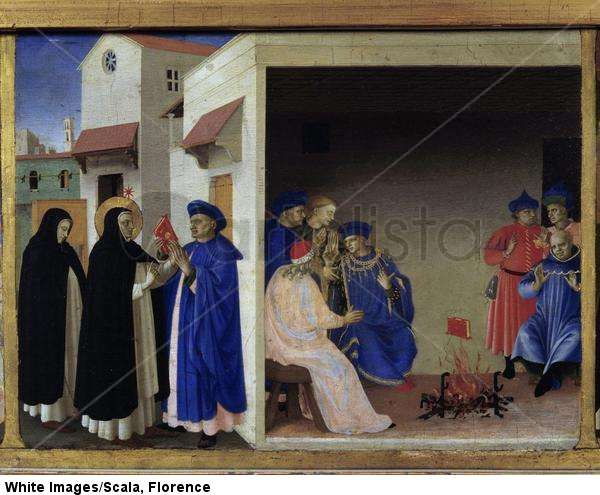 Predella of the Coronation of the Virgin: the miracle of the book sent to the Albigensians. Saint Dominic refutes the Cathar heresy.