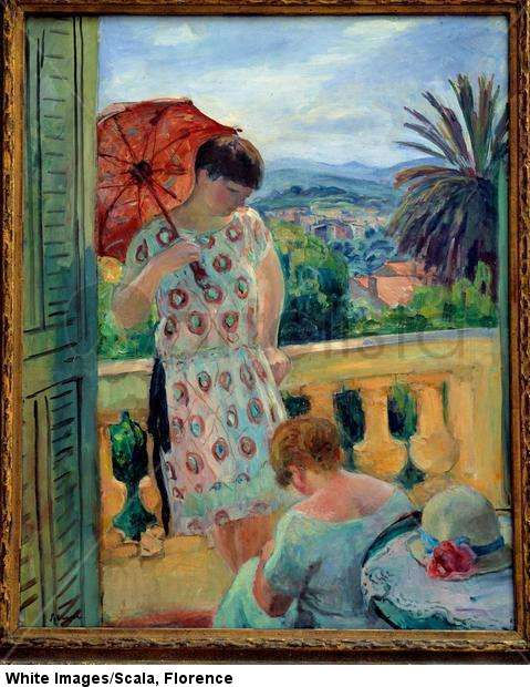 En vista del Esterel. Dos mujeres en la terraza con vista al macizo del Esterel, siglo XX.