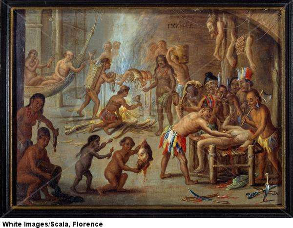 Escena de canibalismo en Brasil en 1644. Los indios devoraban a sus enemigos y prisioneros. Según una ilustración de los viajes de Theodore de Bry en Brasil. Otros