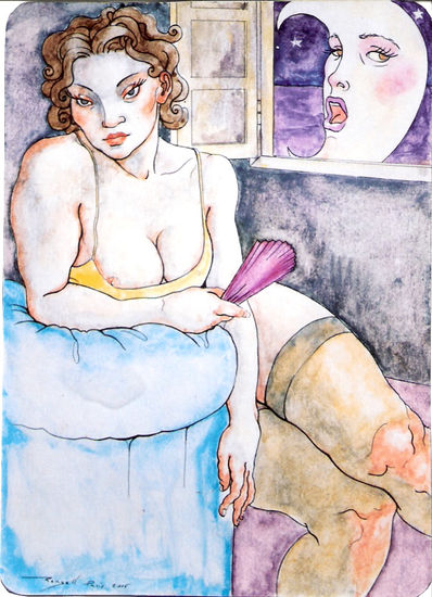 Femme et  Lune Watercolour Others Nude Paintings