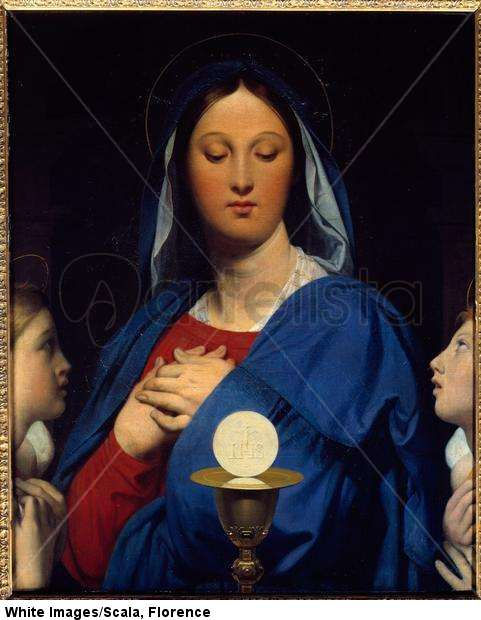 La Virgen con la Hostia. Símbolos de la comunión: Objeto de la Eucaristía (la hostia como el cuerpo de Cristo y el vino del cáliz como su sangre). 1862.