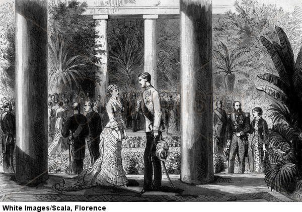 Compromiso de la Princesa Estefanía de Bélgica (1864-1945) y el Archiduque Rodolfo de Austria (1858-1889) en el Castillo de Laeken, 7 de marzo de 1880. En 'Le Monde Illustre' No. 1202 del 10 de abril de 1880.
