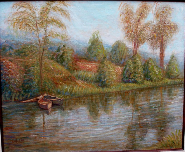 "Canal de Figueira da foz con barcas" Óleo Lienzo Paisaje