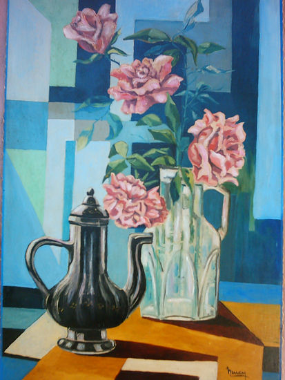 entre lineas Oil Panel Floral Painting