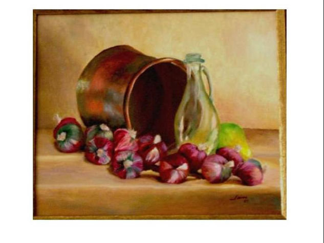 bodegón ajos con pera Oil Canvas Still Life Paintings