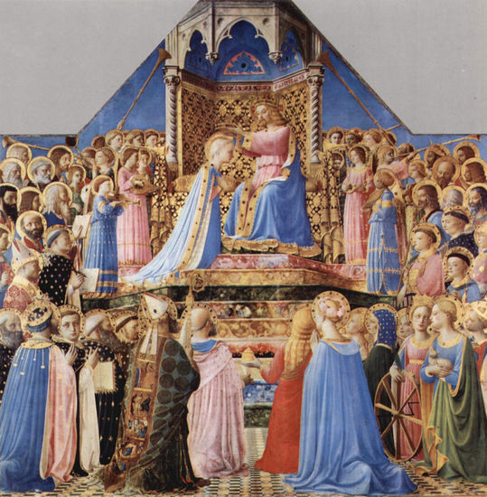 Coronación de María , retablo del altar con tablas de predal sobre la vida de Santo Domingo 