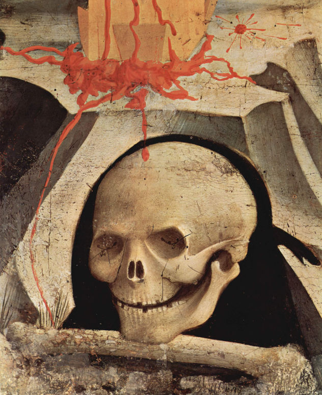 Adam's Skull on the Mountain of Calvary, detail of a crucifixion with Saints Nicholas and Francis