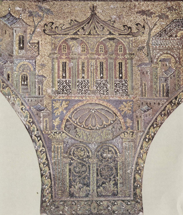 Mosaico del interior del pórtico occidental en el patio de la Gran Mezquita de Damasco, escena.