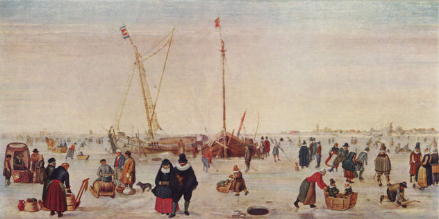 Paisaje invernal con patinadores sobre hielo
