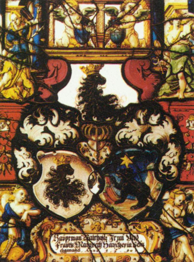 Allianz de la familia con el escudo del capitán Balthasar Irmi y su esposa Margreth Harscher de Basilea.