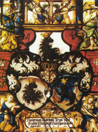 Allianz de la familia con el escudo del capitán Balthasar Irmi y su esposa Margreth Harscher de Basilea. 