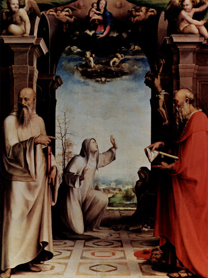 Saint Catherine Receives the Stigmata, with Saint Benedict and Saint Jerome, altarpiece of the altar. 