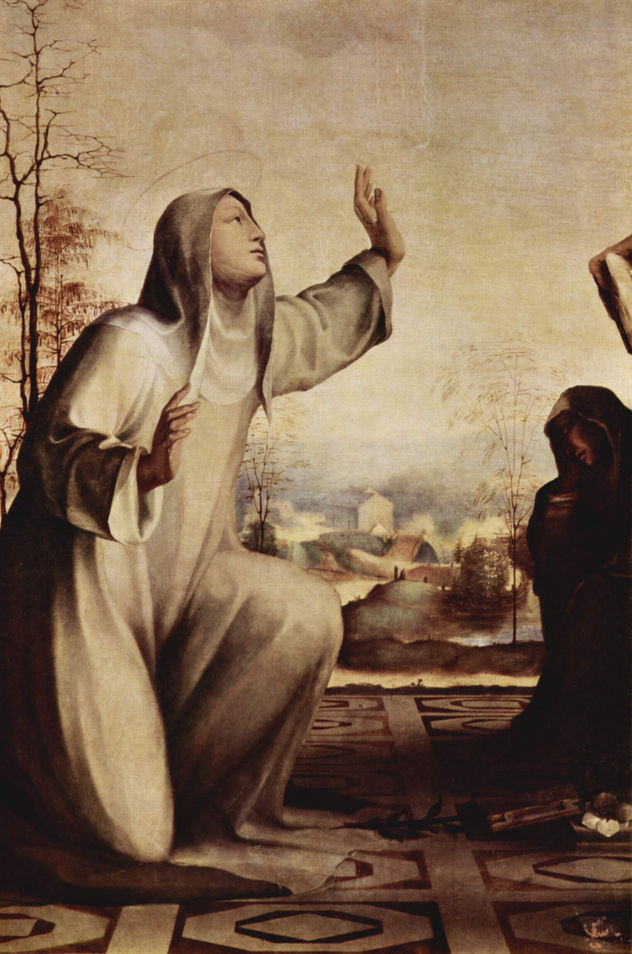 Saint Catherine Receives the Stigmata, with Saint Benedict and Saint Jerome, altar retable, detail.