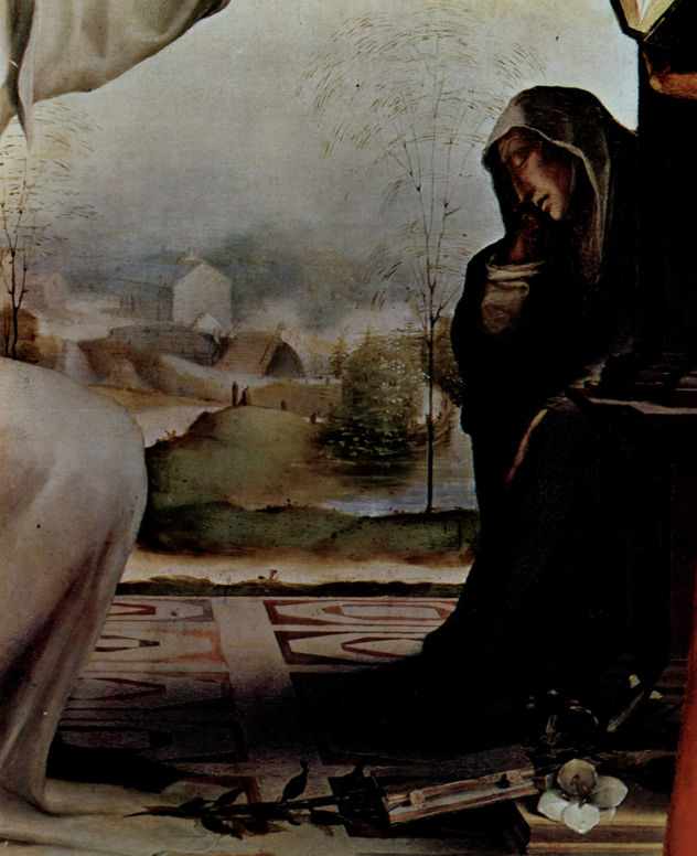 Saint Catherine Receives the Stigmata, with Saint Benedict and Saint Jerome, altar retable, detail.