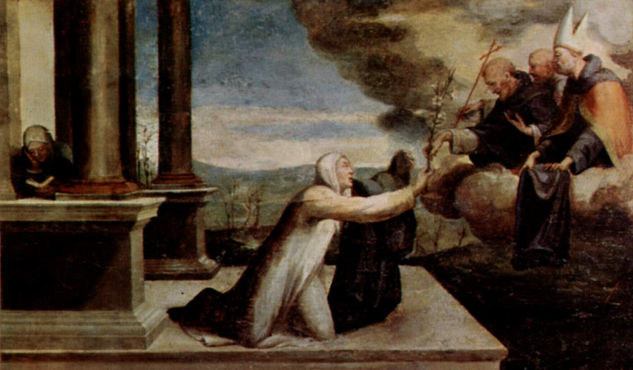 Saint Catherine Receives the Stigmata, with Saint Benedict and Saint Jerome, altarpiece, predella. 