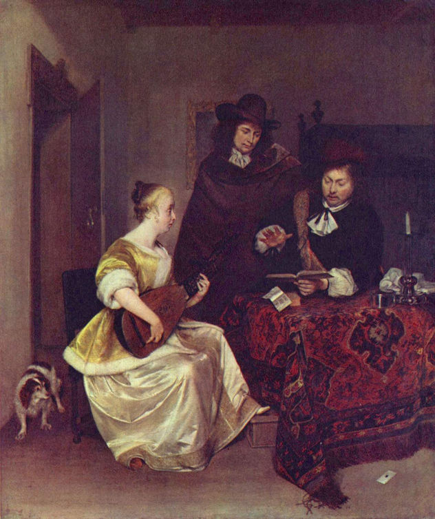 Young Woman, Two Men Playing the Lute.